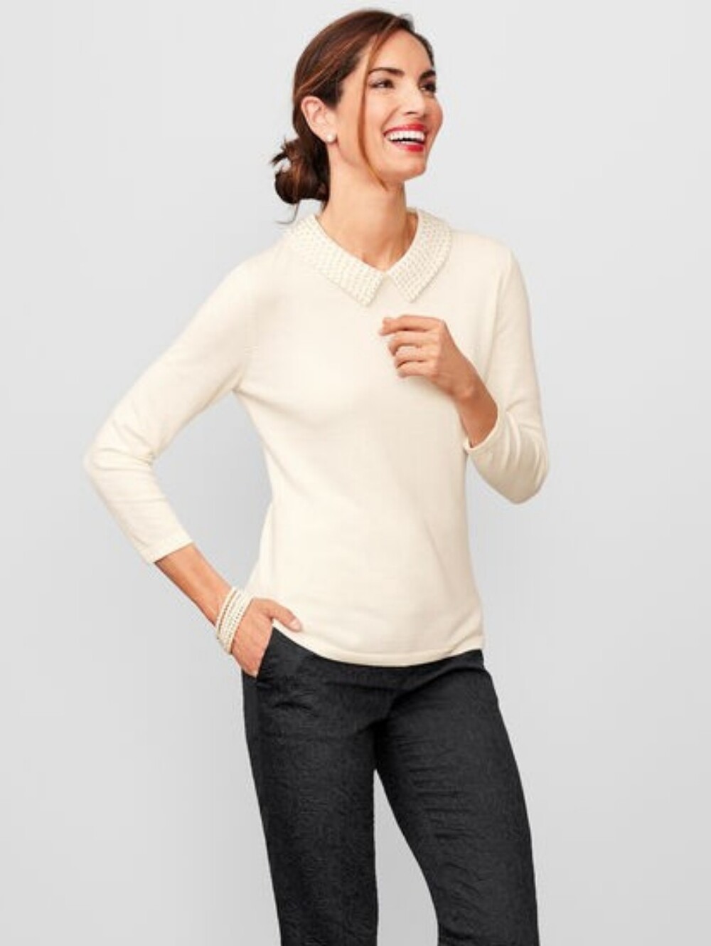 Talbots Cream Long Sleeve Top with Pearl Collar